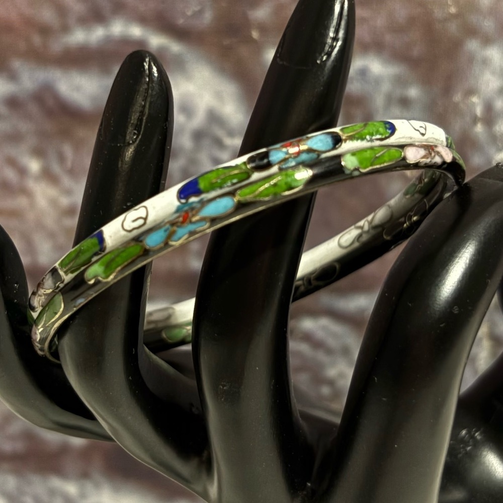 VTG 70's Chinese Cloisonné Enamel Bangel Bracelet Set of 2 Black & White Boho